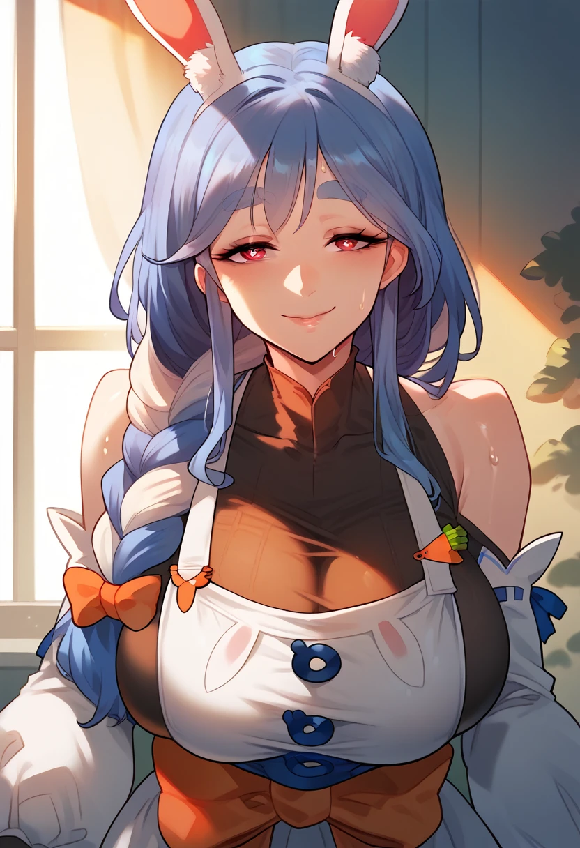 Hyper realistic, mother, milf, mature female, face, perfect lighting, perfect, sexy female, closed mouth,, huge breasts, sweat、smile、pekomamadef, thick eyebrows, bunny-shaped pupils, rabbit ears, animal ear fluff, apron, dress, detached sleeves, bow,  carrot hair ornament 、closed eyes