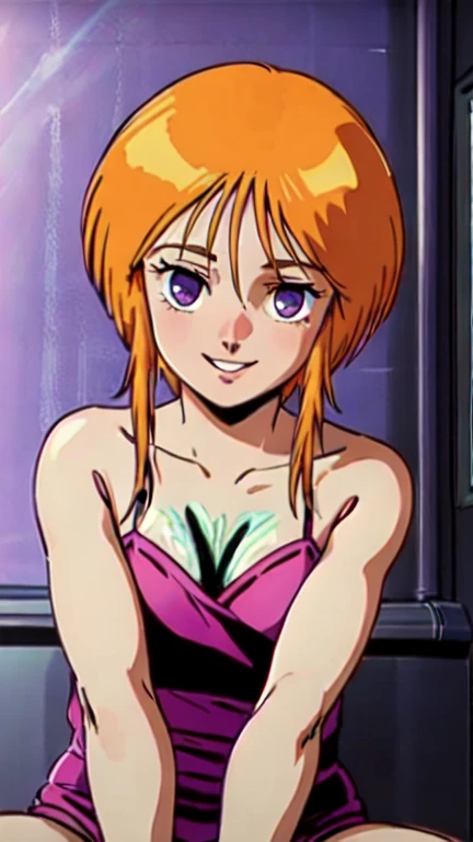 nsfw、solo, high quality, Ultra HD, high definition、pull、1990s Style、 short stature 、short hair, orange hair,bangs,short hair with long locks, side lock, hair between eyes ,Light purple pale eyes、 is short、colorful satin lingerie、 looking over here、smile、True Face、Ultra Close-Up、 normal breasts、 slender、spread legs, sitting、toilet、looking at viewer 、hands on the knee、 neon colored lights to open lips vertically