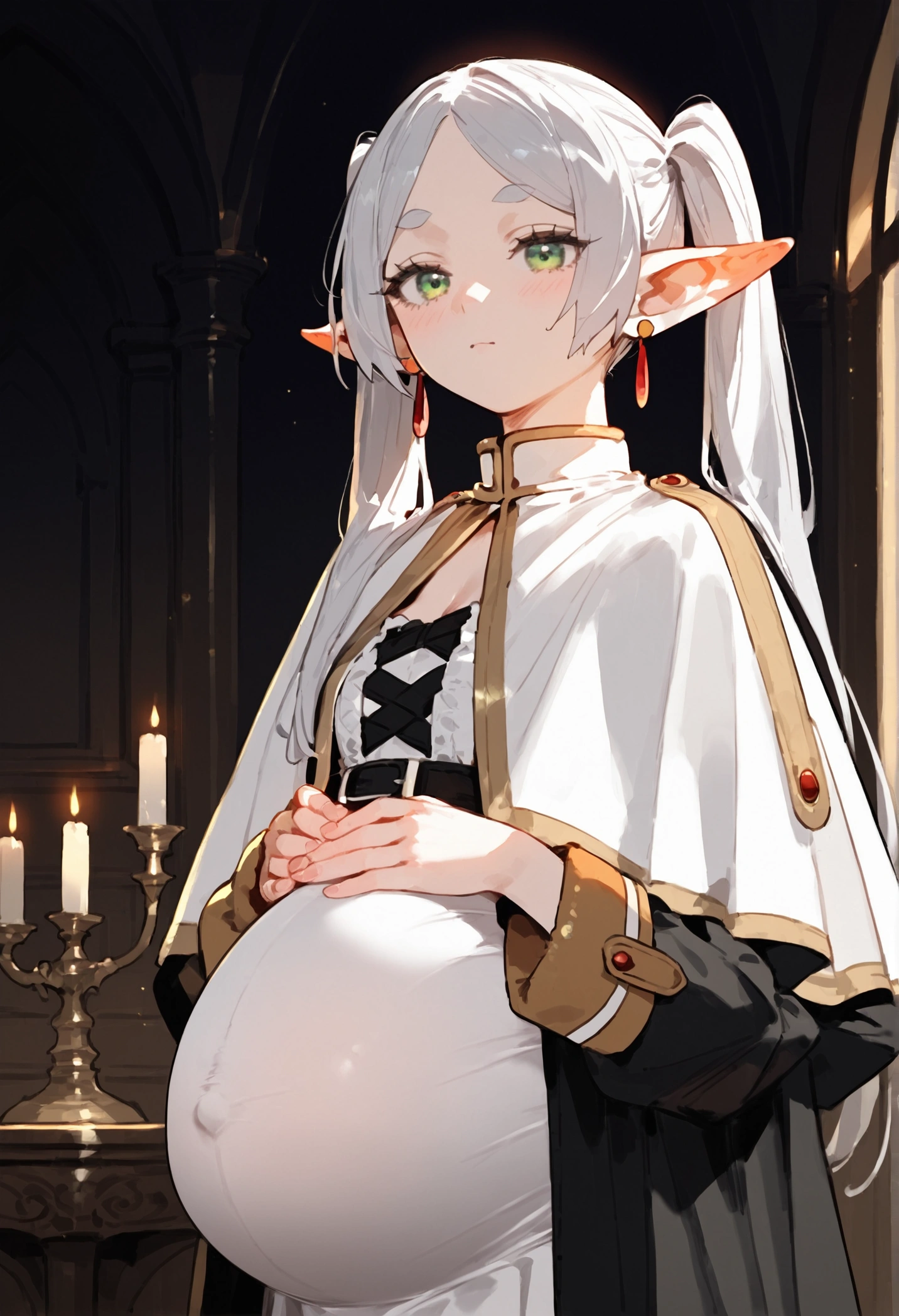 anime artwork, score_9, score_8_up, score_7_up, score_6_up, score_5_up, score_4_up,frieren, 1girl, green eyes, grey hair, twintails, pointy ears, eyebrows, earrings \\\\\\ \\\\\ ,capelet
、pregnant