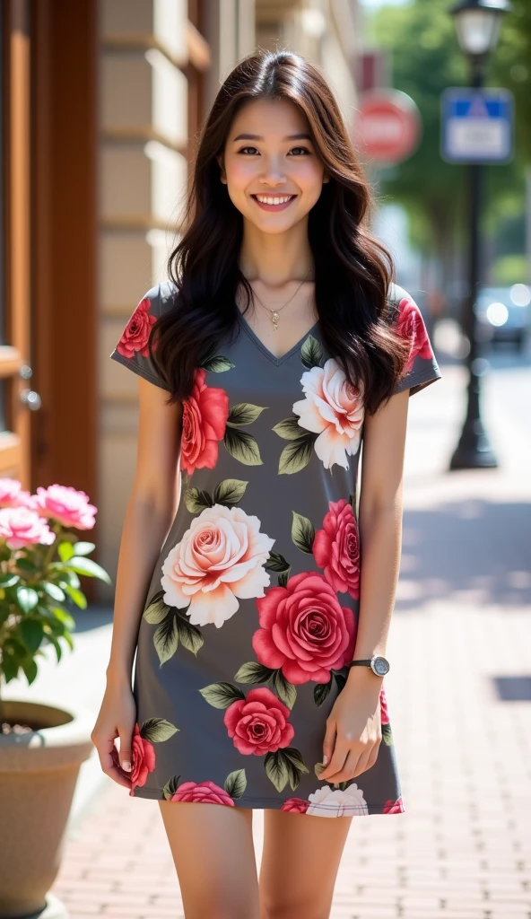 This is a high-resolution photograph featuring a young Asian woman standing outdoors on a sunlit sidewalk. She has long, wavy dark brown hair cascading over her shoulders and is smiling brightly, exuding a cheerful and approachable demeanor. She is wearing a short-sleeved, knee-length dress in a muted gray color adorned with a vibrant floral print. The dress is predominantly covered in large, vivid red roses interspersed with white and pink roses, along with green leaves, creating a striking contrast against the gray fabric. Her skin is fair, and she is wearing minimal makeup, emphasizing her natural beauty. 

The background shows a slightly blurred urban setting with a beige building to the left, featuring a large wooden door, and a lamppost with a blue sign on the right. The sidewalk is paved with light-colored bricks, and there is a potted plant with pink flowers in the foreground to the right. The overall atmosphere is bright and cheerful, suggesting a pleasant day in an urban environment. The image captures the essence of a casual yet stylish summer outfit, highlighting the woman's confident and approachable personality.