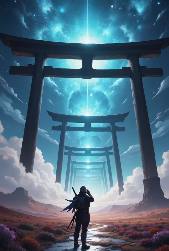 A breathtaking scene of an infinite row of torii gates leading through a mystical landscape, shrouded in fog. In the foreground, a Mandalorian character is taking a photograph, capturing the ethereal beauty of the surroundings. The atmosphere is serene and enchanting, with soft lighting and vibrant colors that evoke a sense of wonder., wearing a detailed armor, blending in with the unique architecture of the station, cinematic lighting, high definition, dynamic angle