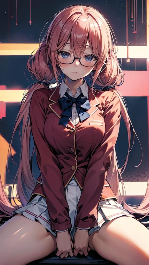 airi sakura, blue eyes, glasses, long hair, pink hair, (low twintails:1.3),glasses, advanced nurturing high school uniform, blazer, red blazer, bow, bowtie, collared shirt, jacket, long sleeves, pleated skirt, school uniform, shirt, shoes, skirt, white shirt, white skirt, white socks, (upper body:1.3),blush, half closed eyes,sitting,(spread legs:1.3),(legs up),(cameltoe:1.3), show off your crotch to the viewer, masterpiece,Noise Reduction,perfect anatomy,high resolution, ultra-detailed, ultra-detailed face,game cg,dutch angle ,beautiful detailed eyes,visualart,five fingers, perfect hands, perfect lighting, sparkling pupils,