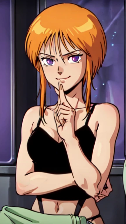 nsfw、solo、masterpiece, high quality, Ultra HD, high definition、1 girl,Ple Two、1990s Style、 short stature 、short hair, orange hair,bangs,short hair with long locks, side lock, hair between eyes ,Light purple pale eyes、 is short、colorful silk bra、colorful silk panties、 looking over here、Smirking eyes、Slanted Eyes、True Face、Close-up、toilet、 normal breasts、 slender,、Handjob、 fellatio、 erect penis、 has a dildo in his hand、looking at viewer、 neon colored lights to open lips vertically、 seductive pose 、dark,dark room,Chiaroscuro