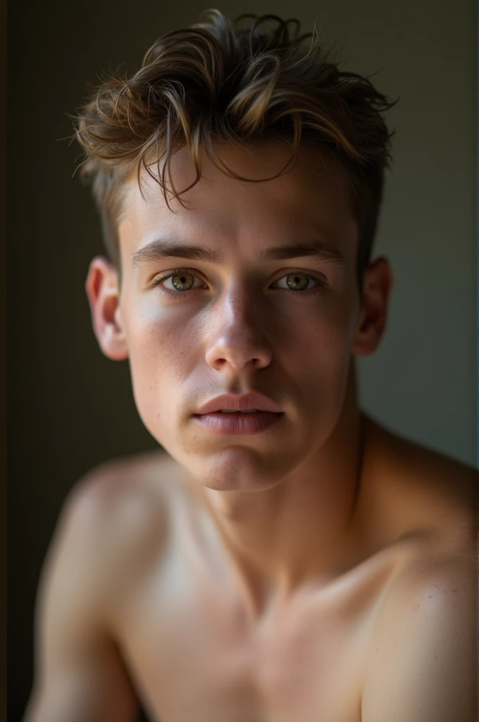a beautiful boy, , rasgos Europeans, fine features, Brown hair, blue eyes, sad look, peaceful look, very sensible, very sad, naked, European, London, rain, Cold, winter, snow, Christmas, loneliness, melancholia, fire in the room, Chimney, pecho naked fuerte, shapely legs, big nipples, strong nipples.
