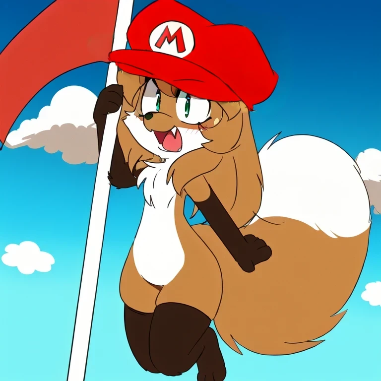 (wearing Super Mario's hat, wearing red cap with the letter "M" on it)