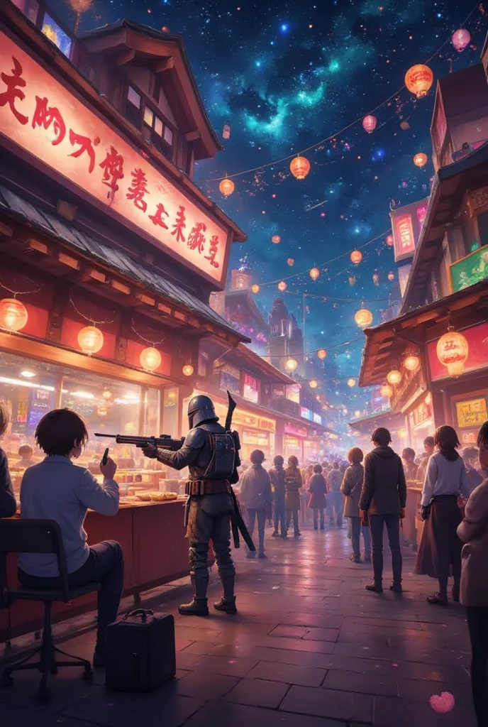 A Japanese festival scene with a bustling street lined with colorful food stalls, featuring a Mandalorian character participating in a shooting game at one of the stalls, surrounded by vibrant decorations and a magical atmosphere, night setting with lanterns illuminating the scene, anime style, wearing a detailed armor, blending in with the unique architecture of the station, cinematic lighting, high definition, dynamic angle