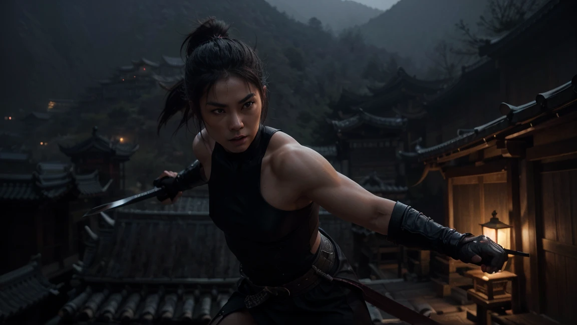 a highly muscular female ninja with 1 katana, the upper coltes are made of net. naked thorso, detailed abs and muscles, dark outfit, serious expression, glowing katana blade, dynamic action pose, on a chinese ancient roof, in a misty olde chines village at night dark moody lighting, cinematic angle, hyperrealistic, digital art, illustration