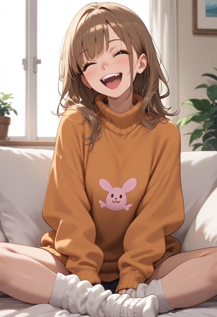 highest quality,detailed,1 girl,slim,brown long straight hair,sweater,loose socks,looking Happy,Happy with me