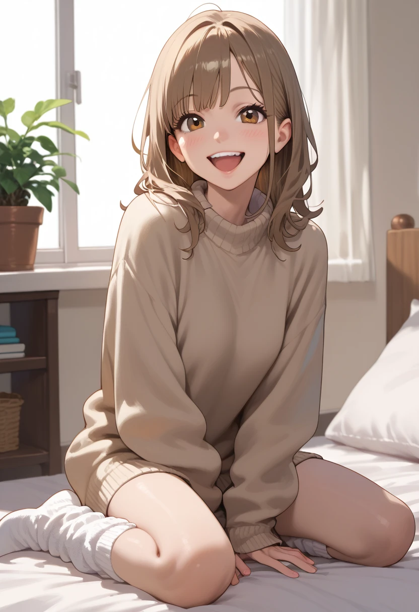 highest quality,detailed,1 girl,slim,brown long straight hair,sweater,loose socks,looking Happy,Happy with me