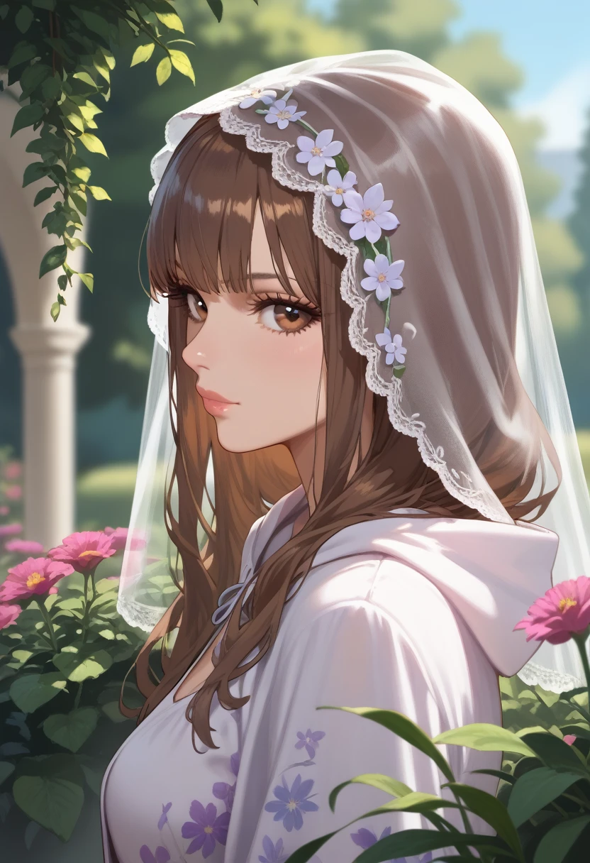 1girl,solo,long hair,looking at viewer,brown eyes,closed mouth,blurry,brown hair,blurry background,floral print,profile,hood,eyelashes,from side,bangs,veil,upper body,portrait,lips,purple,garden,long shot,veil,,,overexposure,