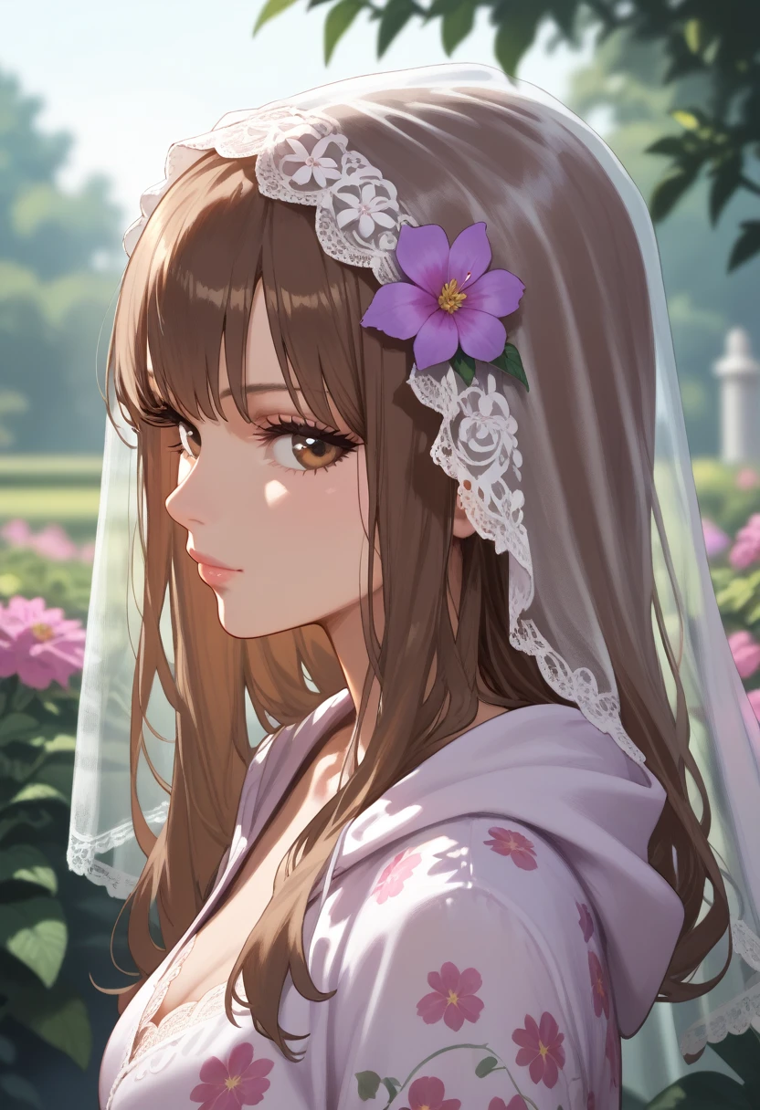 1girl,solo,long hair,looking at viewer,brown eyes,closed mouth,blurry,brown hair,blurry background,floral print,profile,hood,eyelashes,from side,bangs,veil,upper body,portrait,lips,purple,garden,long shot,veil,,,overexposure,