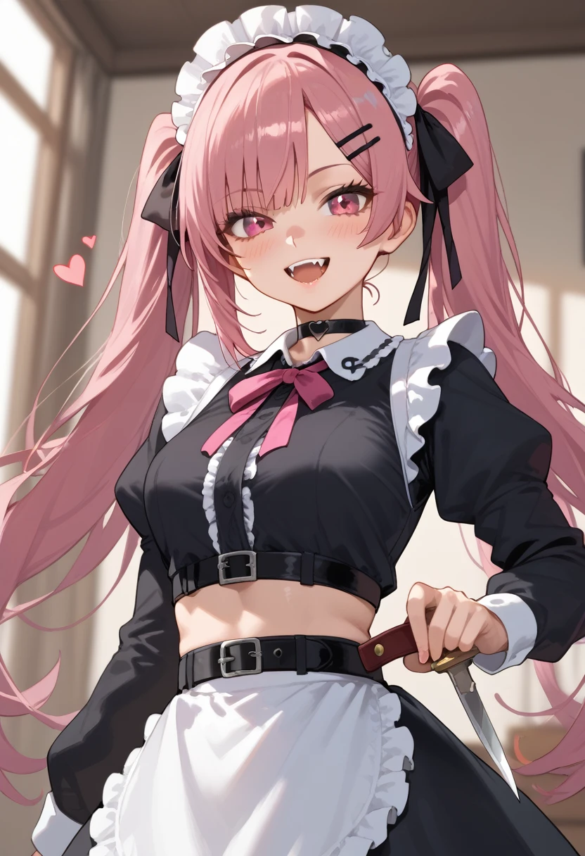 1girl,solo,pink hair,skirt,knife,holding,twintails,long hair,looking at viewer,heart,smile,hair ornament,shirt,hairclip,long sleeves,black shirt,holding knife,frills,hair intakes,pink eyes,open mouth,bangs,hairband,black skirt,choker,crop top,blush,:d,belt,ribbon,hair ribbon,black choker,midriff,fangs,collar,frilled shirt,maid headdress,breasts,black ribbon,very long hair,plaid,frilled hairband,blurry,dutch angle,black belt,red eyes,