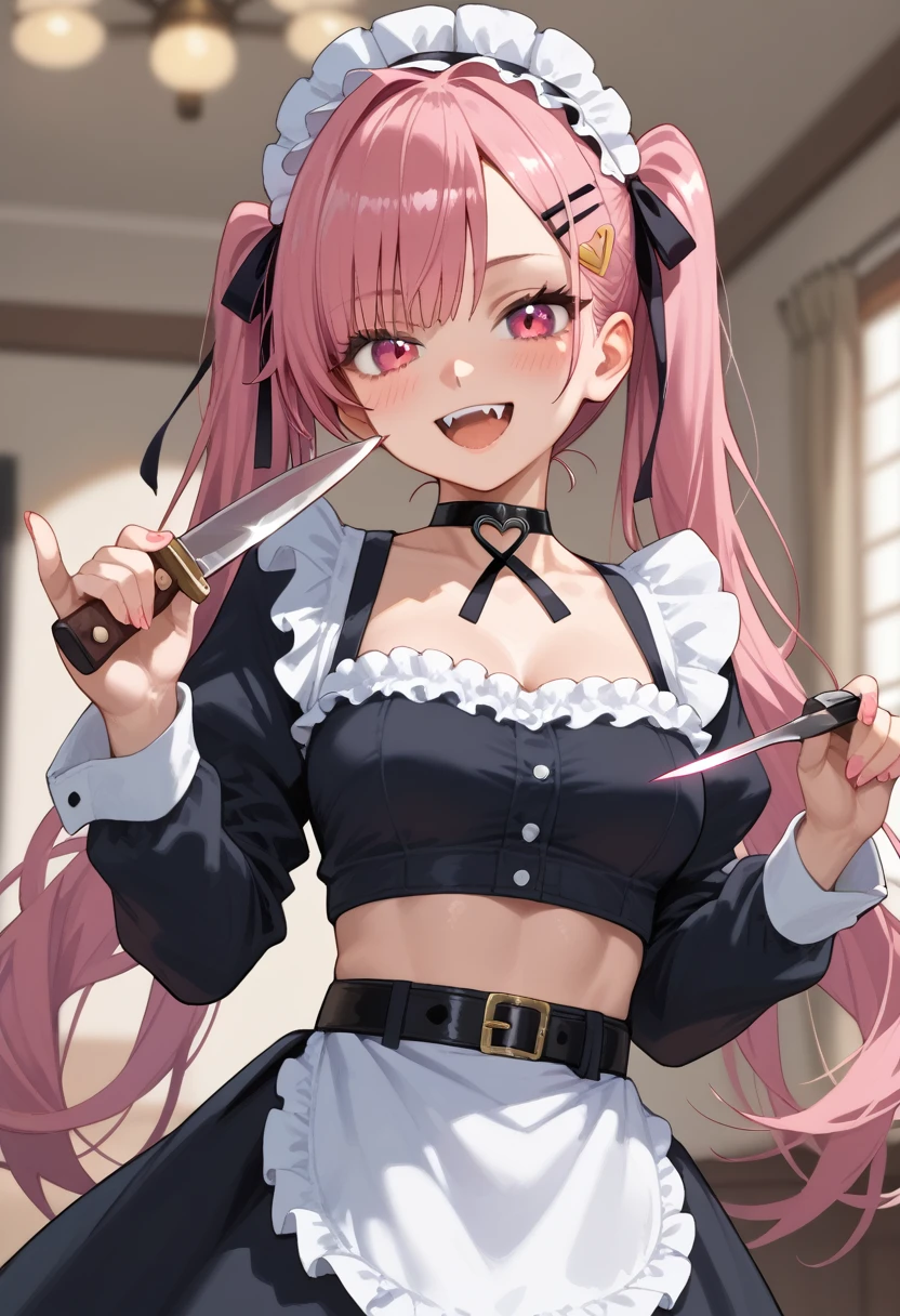 1girl,solo,pink hair,skirt,knife,holding,twintails,long hair,looking at viewer,heart,smile,hair ornament,shirt,hairclip,long sleeves,black shirt,holding knife,frills,hair intakes,pink eyes,open mouth,bangs,hairband,black skirt,choker,crop top,blush,:d,belt,ribbon,hair ribbon,black choker,midriff,fangs,collar,frilled shirt,maid headdress,breasts,black ribbon,very long hair,plaid,frilled hairband,blurry,dutch angle,black belt,red eyes,