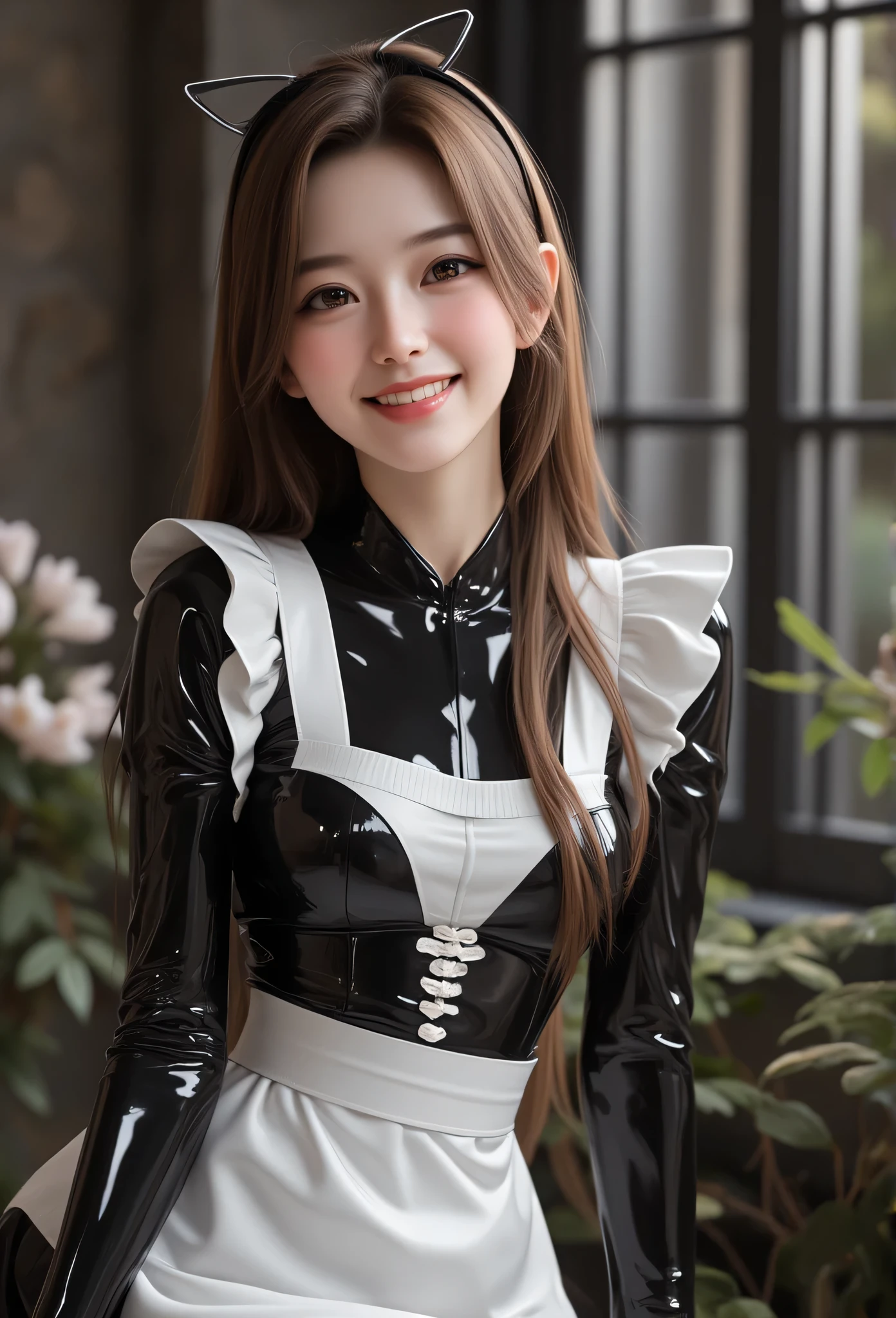 (super cute young face:1.3),(sparkling clear attractive large glowing eyes:1.5), (japanese idol face:1.5),very beautiful cute girl,(:1.4),(fifteen yuisite smooth and silky long brown straight hair,fair skin,(happy cheerful smile),professional portrait,(very cute super shiny black and white latex maid costume:1.3),(beautiful apron and skirt :1.1),happy cheerful smile,body shot,in the restraint