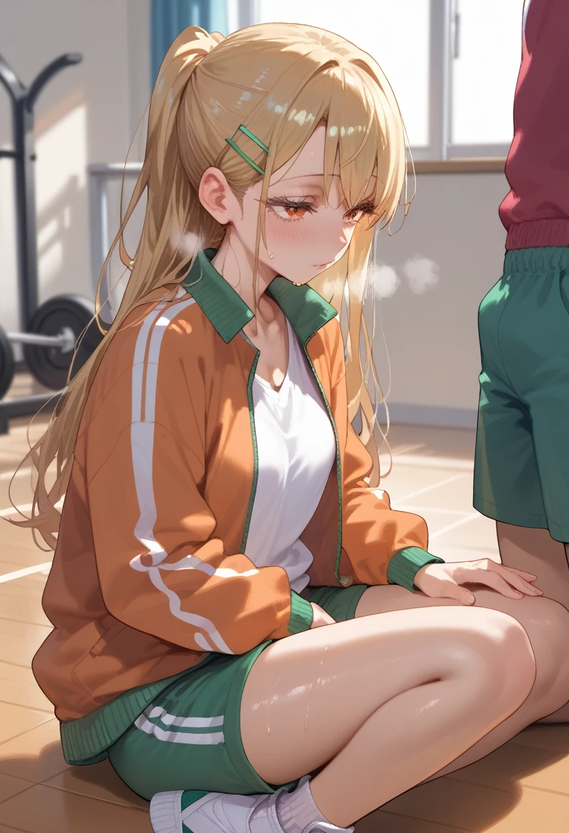 hiro-gym,shinosawa hiro,slender,orange eyes,white eyelashes,blonde hair,long hair,hairclip,track jacket,green shorts,white sneakers, sweat on head, heavy breathing, head focus, transparent sneakers, open shirt,