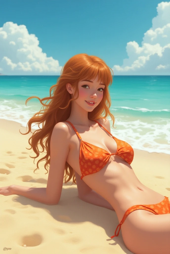 atmosfera sombria motor gráfico engine 5 ful hd 4k 100 lines art Elza frozen power Fenix + Bulma sexy seios pequenos e empinados slim with long aqua short orange neon hair lounges on a beach towel under a colorful umbrella. She wears a black + red maio with frills and a sheer, olhos verdes de Sharingan decorated cover-up, appearing relaxed while using a laptop. The background features a tropical beach scene with palm trees, soft waves, and a clear blue sky dotted with clouds. Sunlight glistens on her skin, and a glass with a drink sits nearby.