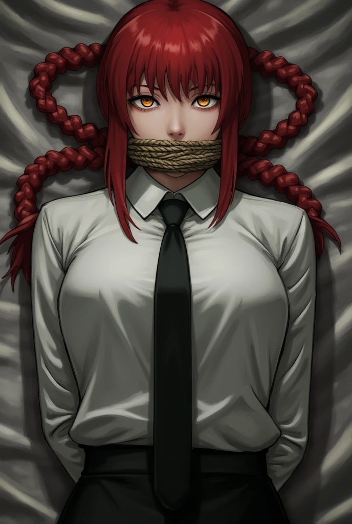 flux_makima, woman, red hair, single braid, sidelocks, yellow eyes, ringed eyes, collared shirt, white shirt, black necktie, black pants, I'm tied up with a rope, arms behind back, gagged ,lie down,