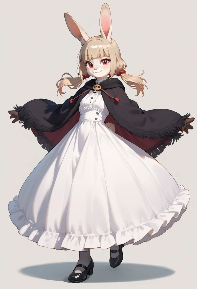 (furry female), (rabbit girl), blunt bangs, low twintails, puffy twintails, (long dress), white skirt, black shawl, grey pantyhose, black shoes, 
dynamic pose, cowboy shot, light smile, 
(simple background:1.5), 
(uncensored),