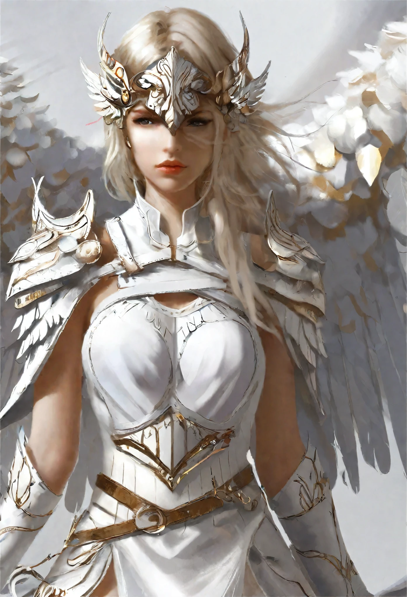 1 girl angel mask angel_wings armor feathers_Long wing feathers_Hair Shoulders Armor Shoulders_Single piece of armor_Wings separated upper part_The body is white_Theme White_Wings Wings