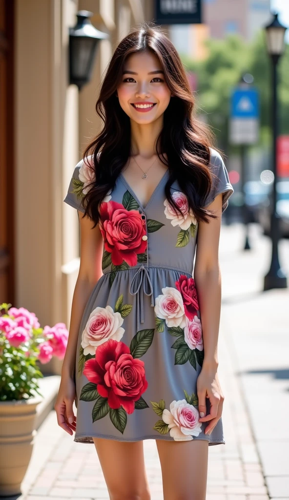 This is a high-resolution photograph featuring a young Asian woman standing outdoors on a sunlit sidewalk. She has long, wavy dark brown hair cascading over her shoulders and is smiling brightly, exuding a cheerful and approachable demeanor. She is wearing a short-sleeved, knee-length dress in a muted gray color adorned with a vibrant floral print. The dress is predominantly covered in large, vivid red roses interspersed with white and pink roses, along with green leaves, creating a striking contrast against the gray fabric. Her skin is fair, and she is wearing minimal makeup, emphasizing her natural beauty. 

The background shows a slightly blurred urban setting with a beige building to the left, featuring a large wooden door, and a lamppost with a blue sign on the right. The sidewalk is paved with light-colored bricks, and there is a potted plant with pink flowers in the foreground to the right. The overall atmosphere is bright and cheerful, suggesting a pleasant day in an urban environment. The image captures the essence of a casual yet stylish summer outfit, highlighting the woman's confident and approachable personality.