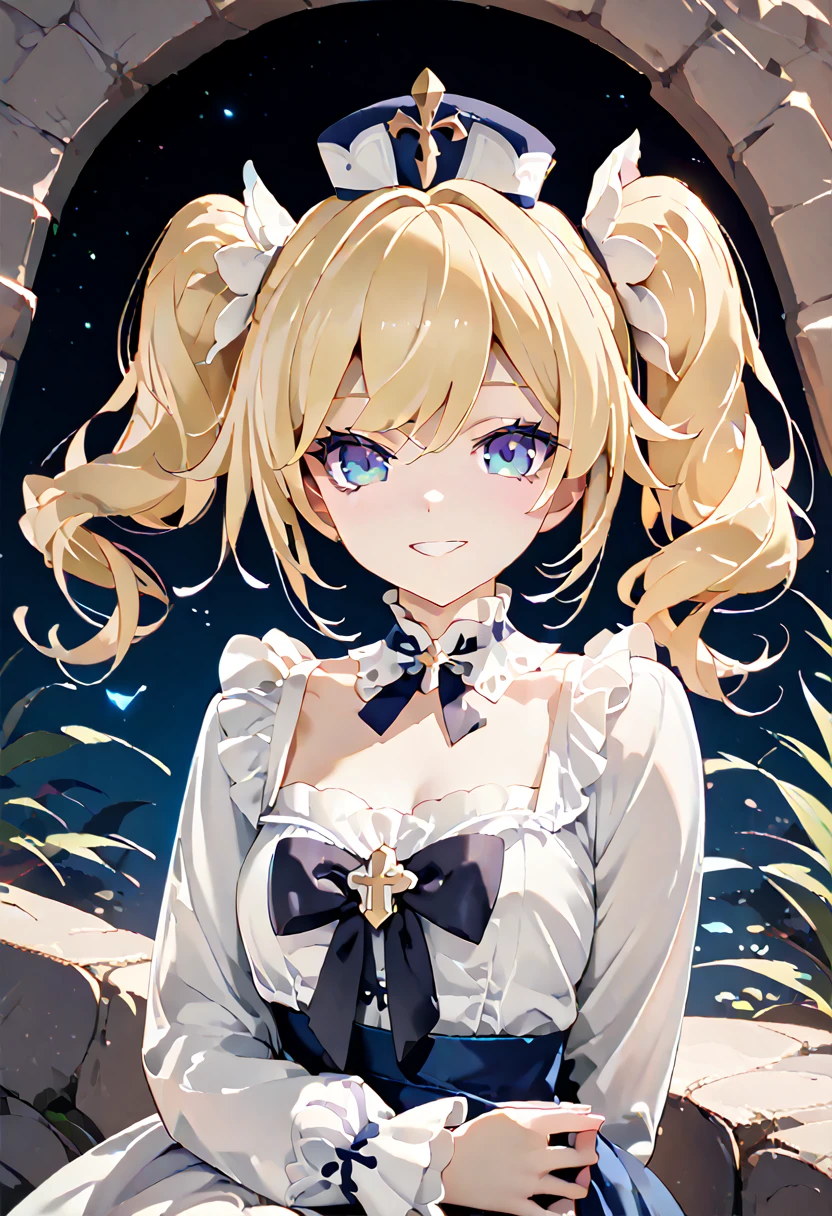 barbara,genshin impact,blonde short hair,twintails,wavy hair,white dress,ribbon,tube top,frills,blue eyes,small breasts,cocktail hat,frill choker,chest riboon,long sleeves,smile, Facing the lens, leaning on huge stone, grin,