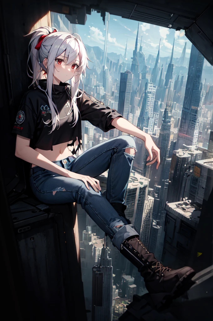 masterpiece, best quality, (detailed anime, video game art, extremely detailed CG unity 8k wallpaper), (best quality), (best illustration), (best shadow), absurdres, realistic lighting, (Abyss), dynamic pose, solo, senti, red eyes, white hair, ponytail with bangs, messy hair, crop top, model, jeans, torn jeans, broken jeans, boots, techwear, futuristic city, high tech