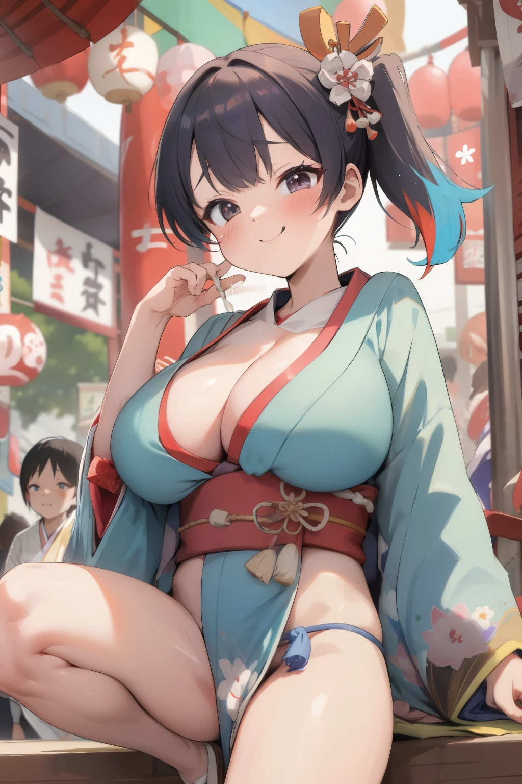 ( Japanese )，  Cute Loincloth ，Japanese festival，Cute kimono，I saw the world，large_breasts，opll，Urine stains，(Side Pony,  colorful hair)，