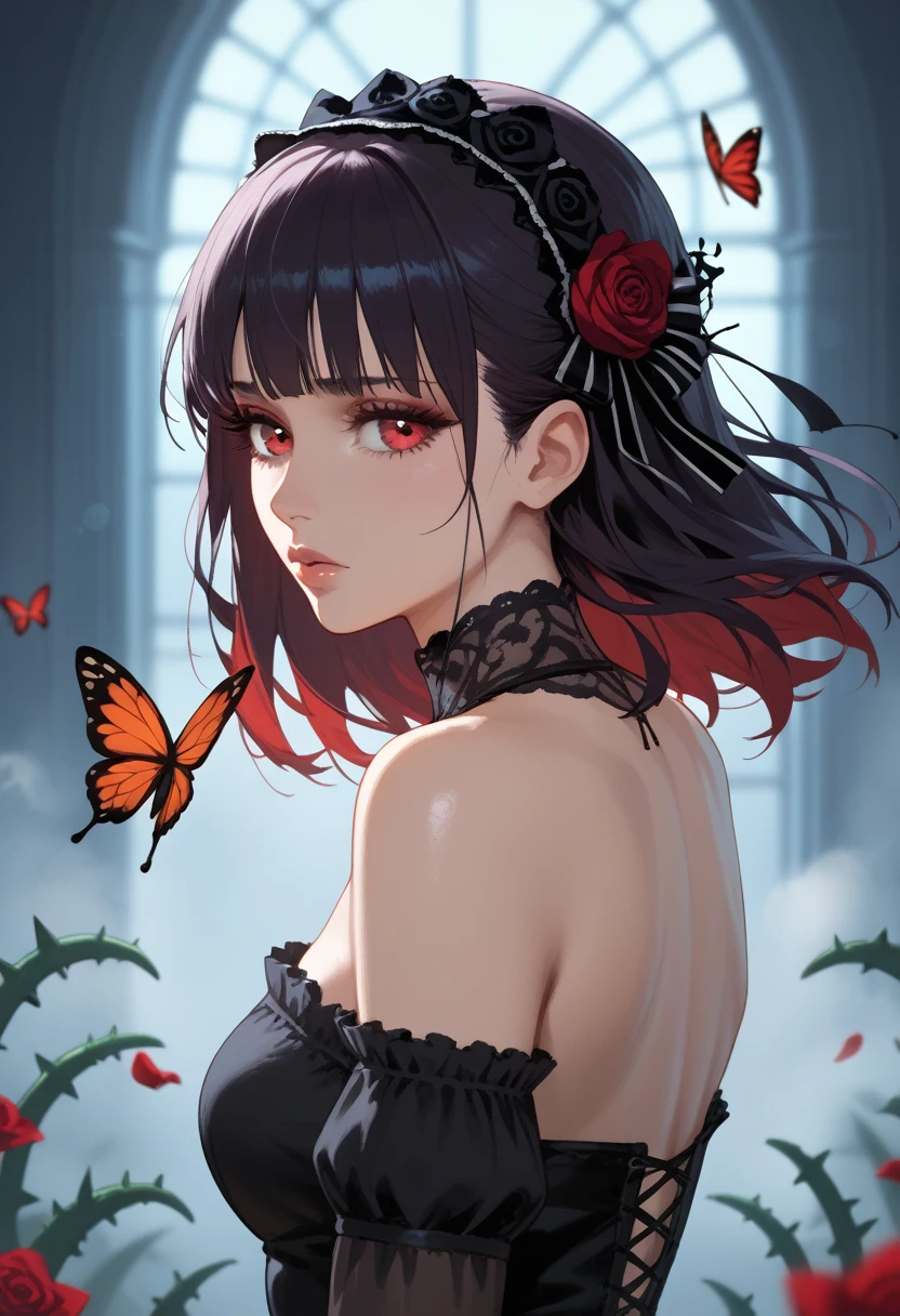 1girl,solo,red and black theme,strong picture,dark,upper body,side_face,sad,parted_lips,looking back,floating hair,black dress,bare shoulders,{{{delicate and beautiful eye}}},gothic_****ta,black rose,thistles and thorns,flora,fog,red butterfly,underlighting,bokeh,blurry background,strong visual impact,film lighting,from side,