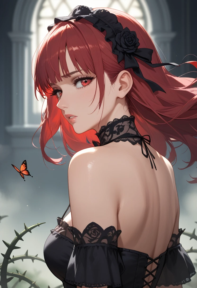 1girl,solo,red and black theme,strong picture,dark,upper body,side_face,sad,parted_lips,looking back,floating hair,black dress,bare shoulders,{{{delicate and beautiful eye}}},gothic_****ta,black rose,thistles and thorns,flora,fog,red butterfly,underlighting,bokeh,blurry background,strong visual impact,film lighting,from side,