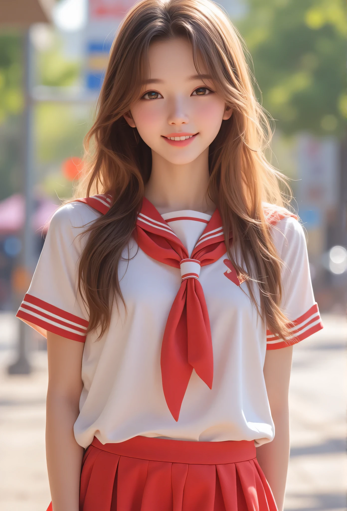 (Very beautiful cute young girl:1.2),
(large eyes),
(clear-eyed),
small straight nose,
small mouth,
(v-line jaw:1.1),
Beautiful detailed eyes,
Detailed double eyelids,
Long straight brown hair,
see-through bangs,
beautiful detailed face,
drooping eyes,
(Fair skin: 1.3),
BREAK (super shiny metallic red sailor high school uniform:1.3),(super shiny metallic red pleated skirt :1.3), (red sailor collar high school uniform),(smiling:1.3),(clear-eyed:1.3)
Walking,
Costume lighting,
In the street ,
(Brown hair:1.2)
