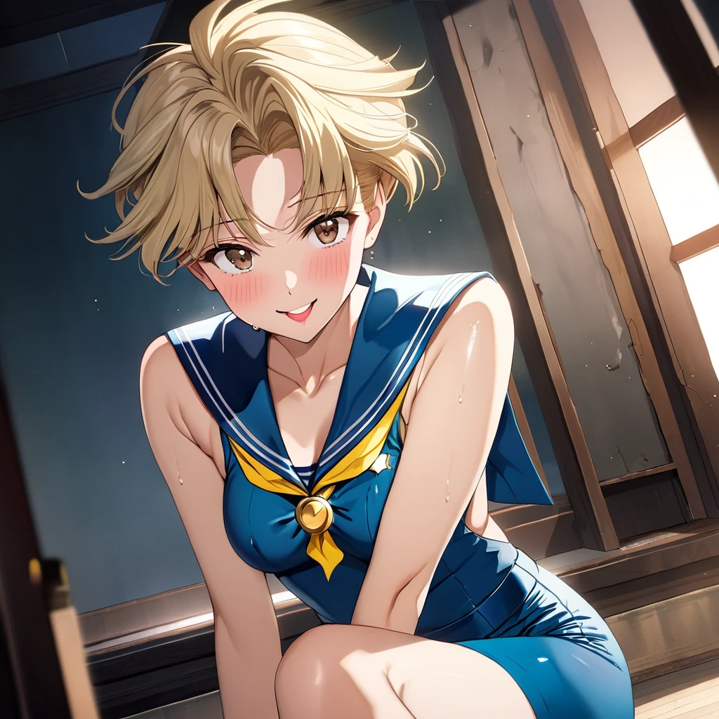 masterpiece, Best Quality, High resolution,16k,official art,super detailed skin,detailed,animated painting,(Sailor uranus:1.5),1990s \(style\),(E-cup beautiful breasts)、 (tall:1.2),height: 175cm,Fashion model body type、clevage,Sexy long legs, pale blondy hair,very shortcut hair、boyish,brown eyes, sexyな長い脚, (sailor uranus costume:1.5),Sweating all over the body、Muscular、1girl,solo,smile,shy,blush,(vulgarity:1.2)、(Ahegao:1.3),Anime-style painting style,Close up on upper body,Cinematic lighting,Superfine,Seductively Posing,dynamic angle,extreme closeup shot,white background