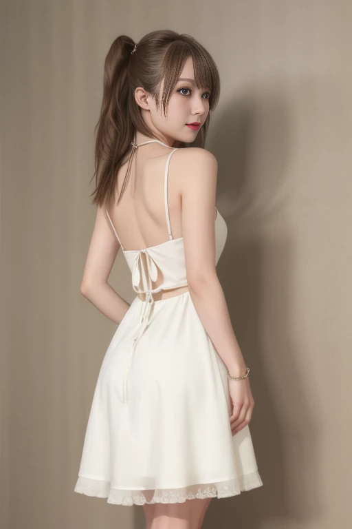 1girl, souryuu asuka langley, (low back dress, backless cami dress), narrow hips, formal party, mischievous look, garter, small frame, jewelry 