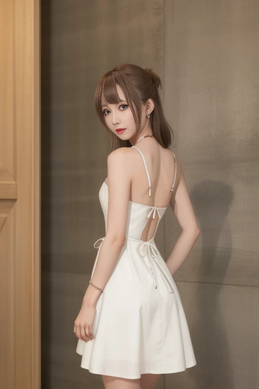 1girl, souryuu asuka langley, (low back dress, backless cami dress), narrow hips, formal party, mischievous look, garter, small frame, jewelry 