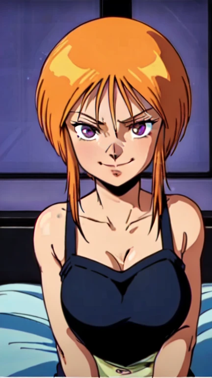 nsfw、solo、masterpiece, high quality, Ultra HD, high definition、1 girl,Ple Two、1990s Style、 short stature 、short hair, orange hair,bangs,short hair with long locks, side lock, hair between eyes ,Light purple pale eyes、 is short、colorful silk bra、colorful silk panties、 looking over here、Smirking eyes、Slanted Eyes、True Face、Ultra Close-Up、 on the bed、 normal breasts、 slender,、Handjob、 fellatio、 erect penis、 has a dildo in his hand、looking at viewer、 neon colored lights to open lips vertically、 seductive pose 、 Sexy Poses、dark,dark room,Chiaroscuro、 smirk 