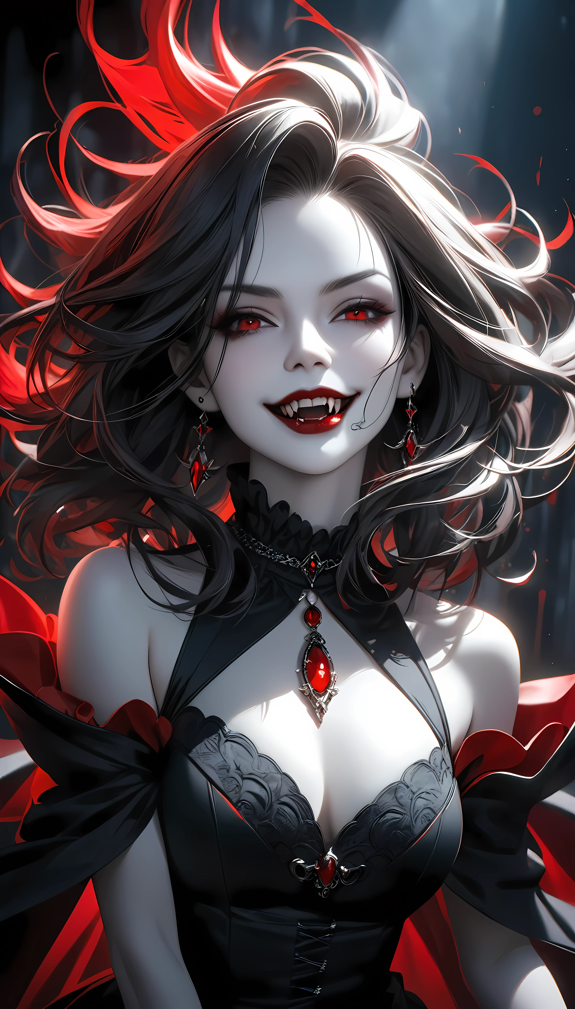 a beautiful woman with piercing red fangs, long elegant neck, intense eye focus, wearing a dark gothic dress, pale skin, dynamic pose, solo character, vampire, chilling sinister smile, blood-red lips, ATLAS character, dramatic lighting, dark moody atmosphere, highly detailed, photorealistic, 8k, masterpiece