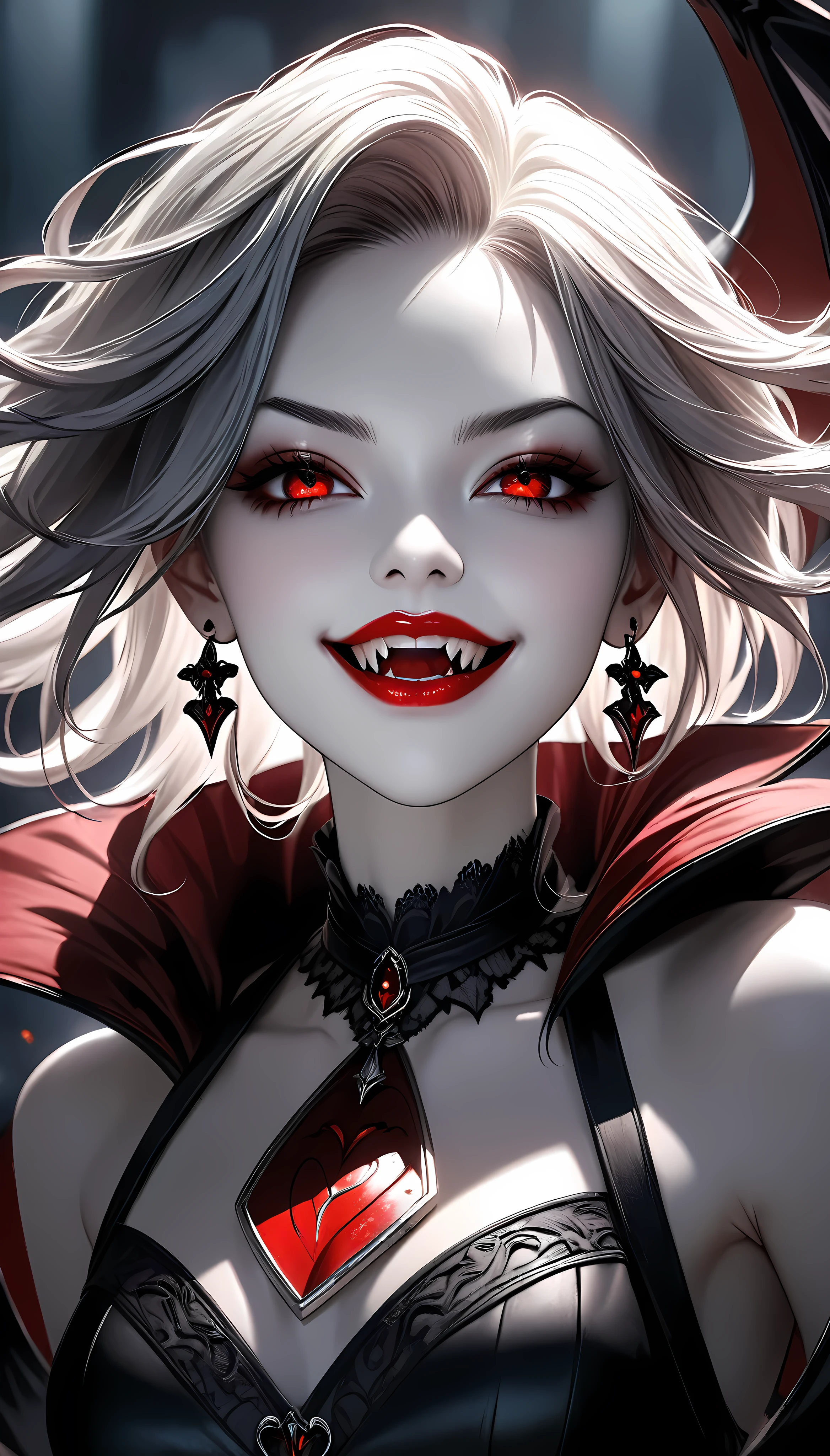 a beautiful woman with piercing red fangs, long elegant neck, intense eye focus, wearing a dark gothic dress, pale skin, dynamic pose, solo character, vampire, chilling sinister smile, blood-red lips, ATLAS character, dramatic lighting, dark moody atmosphere, highly detailed, photorealistic, 8k, masterpiece