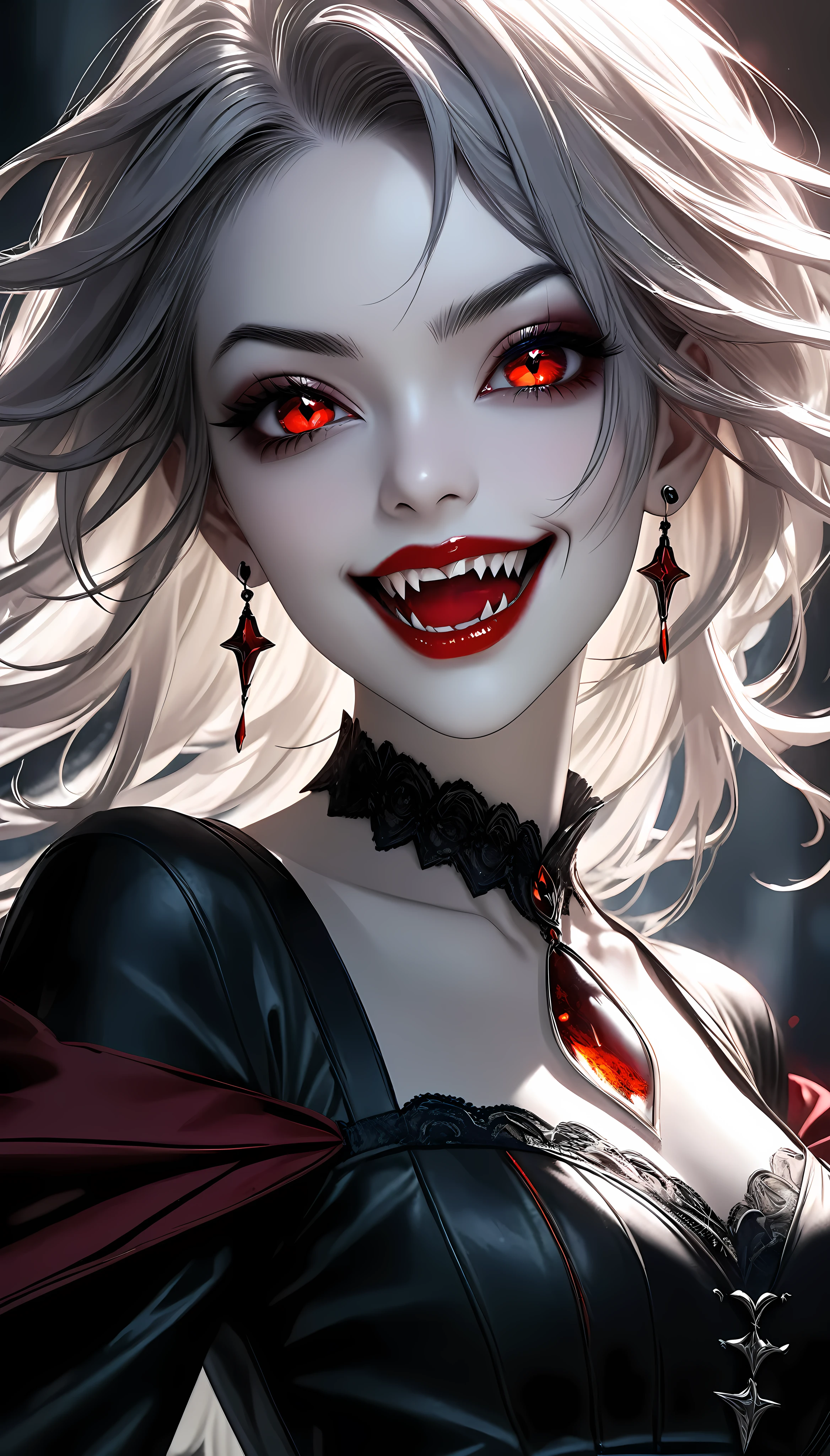 a beautiful woman with piercing red fangs, long elegant neck, intense eye focus, wearing a dark gothic dress, pale skin, dynamic pose, solo character, vampire, chilling sinister smile, blood-red lips, ATLAS character, dramatic lighting, dark moody atmosphere, highly detailed, photorealistic, 8k, masterpiece