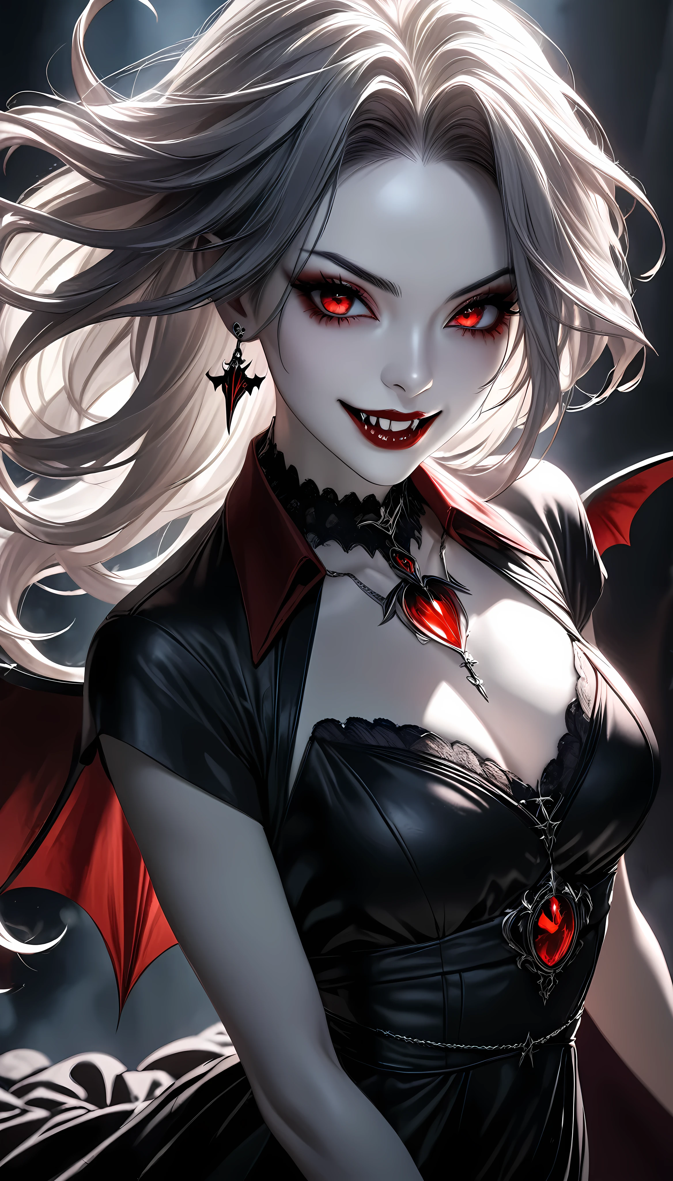 a beautiful woman with piercing red fangs, long elegant neck, intense eye focus, wearing a dark gothic dress, pale skin, dynamic pose, solo character, whole body, vampire, chilling sinister smile, blood-red lips, ATLAS character, dramatic lighting, dark moody atmosphere, highly detailed, photorealistic, 8k, masterpiece