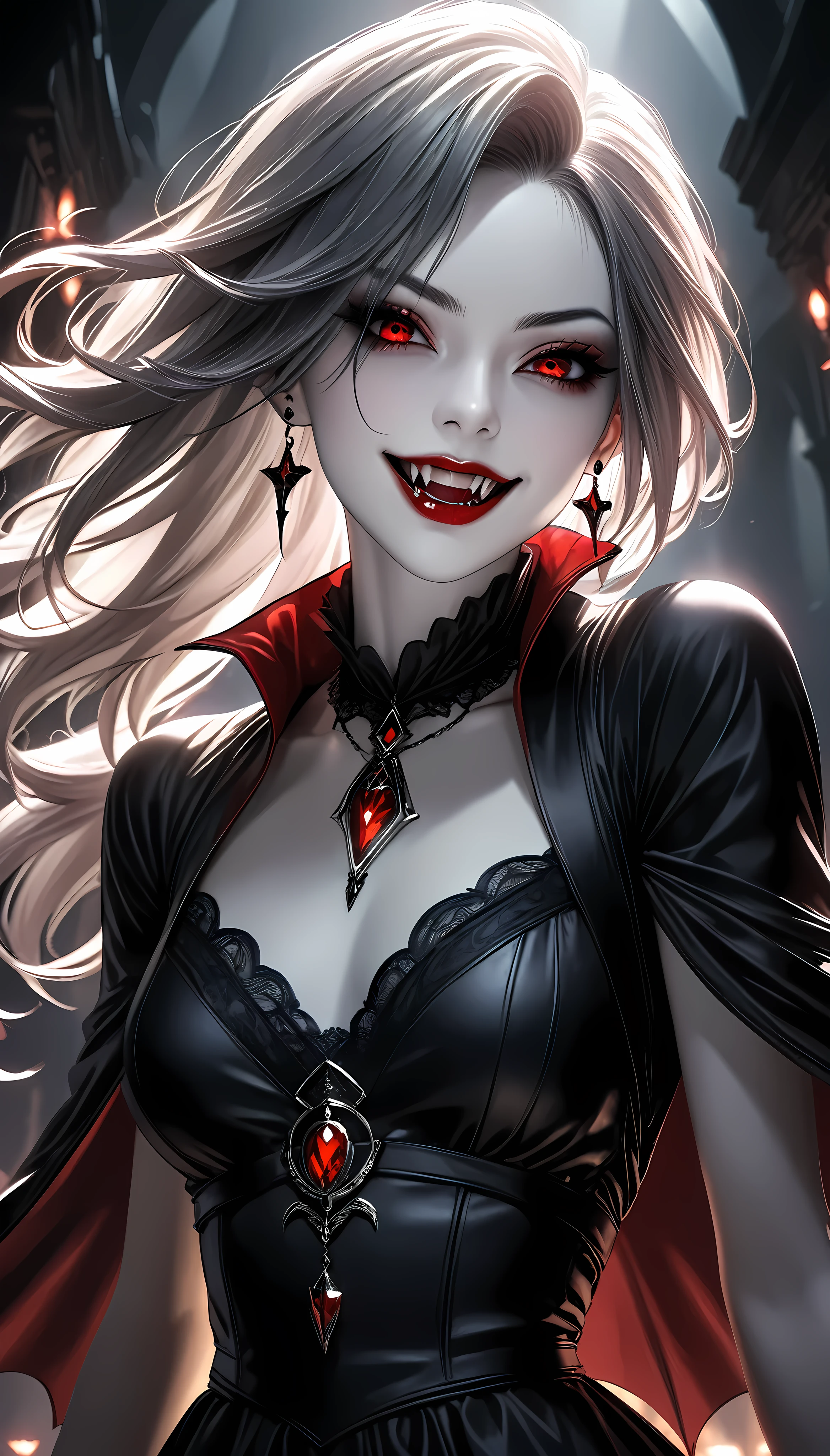 a beautiful woman with piercing red fangs, long elegant neck, intense eye focus, wearing a dark gothic dress, pale skin, dynamic pose, solo character, vampire, chilling sinister smile, blood-red lips, ATLAS character, dramatic lighting, dark moody atmosphere, highly detailed, photorealistic, 8k, masterpiece