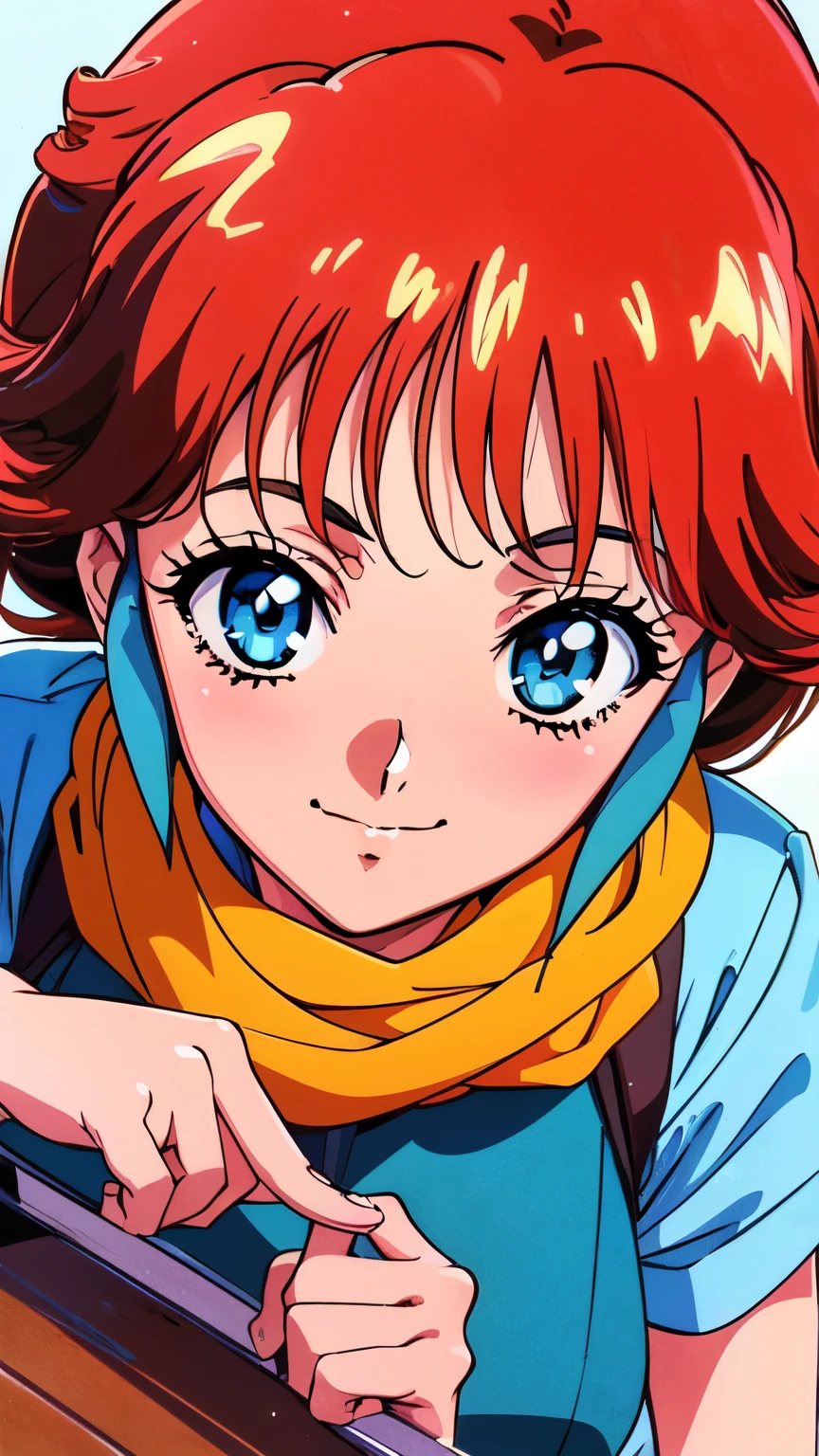 masterpiece, Alone,  high definition, 超 Details,   ultra high resolution , (Best Quality), ( best shadow ),  Details, perfect lighting,  1 girl in,(  face up :1.5), Alone Focus, 1 girl,(Pascal Tales:1.5),( 80s anime style:1.2),multicolor red hair, blue shirt,  scarf,  shirt, short sleeve shirt,( Scoop Neckline :1.2),scarf, yellow suspenders,( Pascal Outfit :1.5),1980s  anime style,  1980s cartoon style ,  in the style of 、, Retro Anime, sharp, Defined Line,   Details, compensate,  beautiful face,  Gorgeous eyes ,smile,  80s anime style,  anime style,