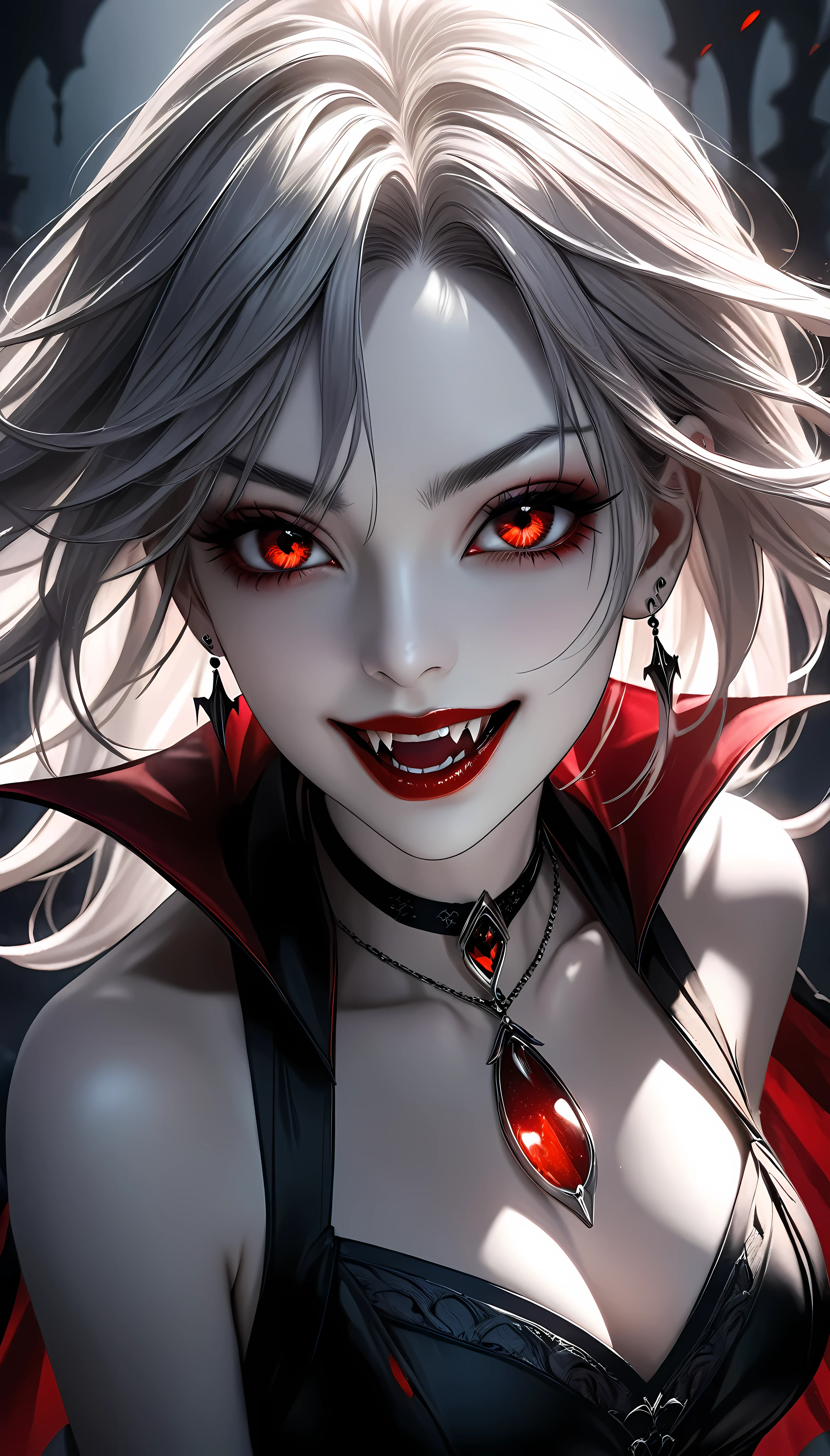 a beautiful woman with piercing red fangs, long elegant neck, intense eye focus, wearing a dark gothic dress, pale skin, dynamic pose, solo character, vampire, chilling sinister smile, blood-red lips, ATLAS character, dramatic lighting, dark moody atmosphere, highly detailed, photorealistic, 8k, masterpiece