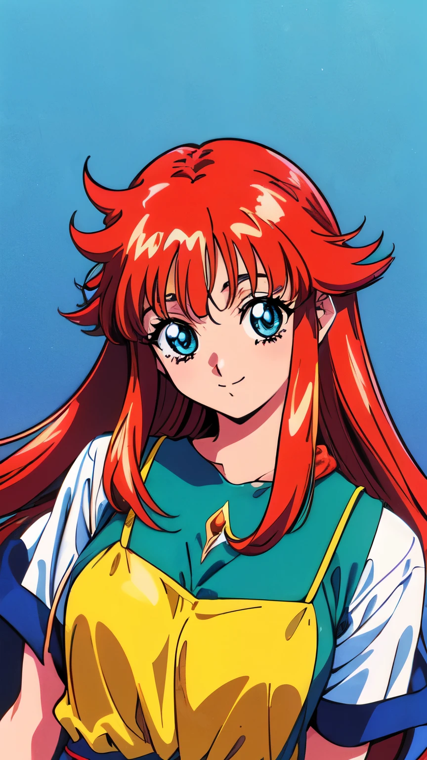 masterpiece, Alone,  high definition, 超 Details,   ultra high resolution , (Best Quality), ( best shadow ),  Details, perfect lighting,  1 girl in,(  face up :1.5), Alone Focus, 1 girl,(Pascal Tales:1.5),( 80s anime style:1.2),multicolor red hair, blue shirt,  scarf,  shirt, short sleeve shirt,( Scoop Neckline :1.2),scarf, yellow suspenders,( Pascal Outfit :1.5),1980s  anime style,  1980s cartoon style ,  in the style of 、, Retro Anime, sharp, Defined Line,   Details, compensate,  beautiful face,  Gorgeous eyes ,smile,  80s anime style,  anime style,