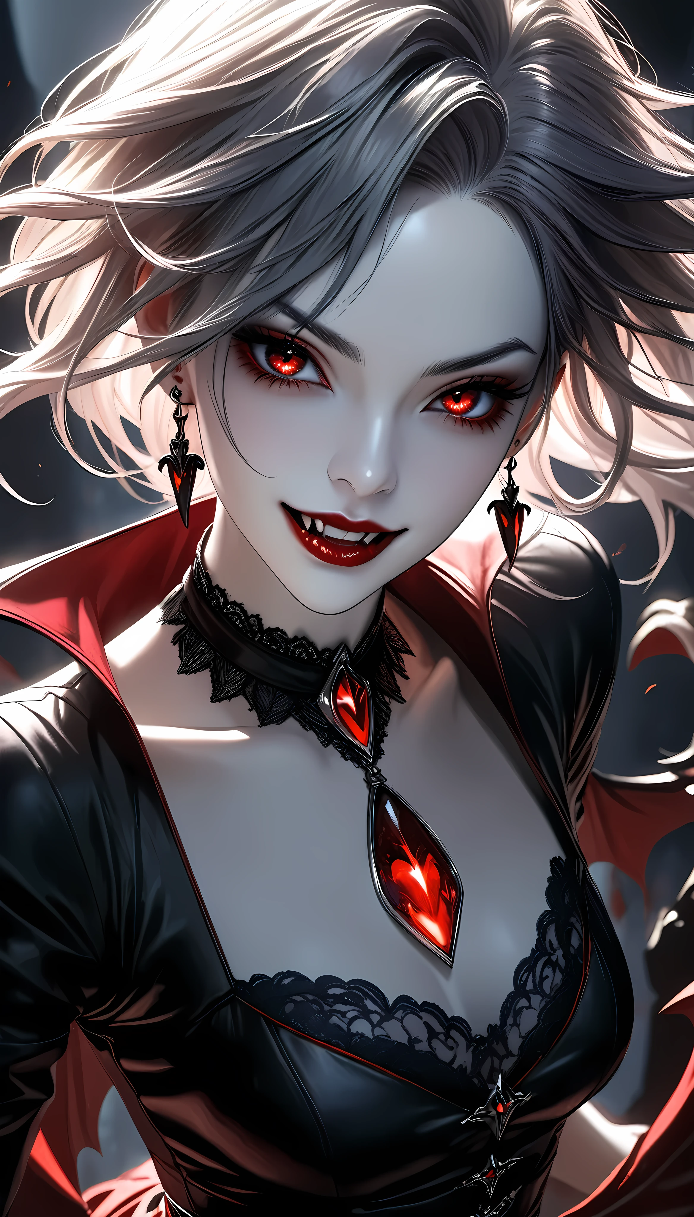 a beautiful woman with piercing red fangs, long elegant neck, intense eye focus, wearing a dark gothic dress, pale skin, dynamic pose, solo character, vampire, chilling sinister smile, blood-red lips, ATLAS character, dramatic lighting, dark moody atmosphere, highly detailed, photorealistic, 8k, masterpiece