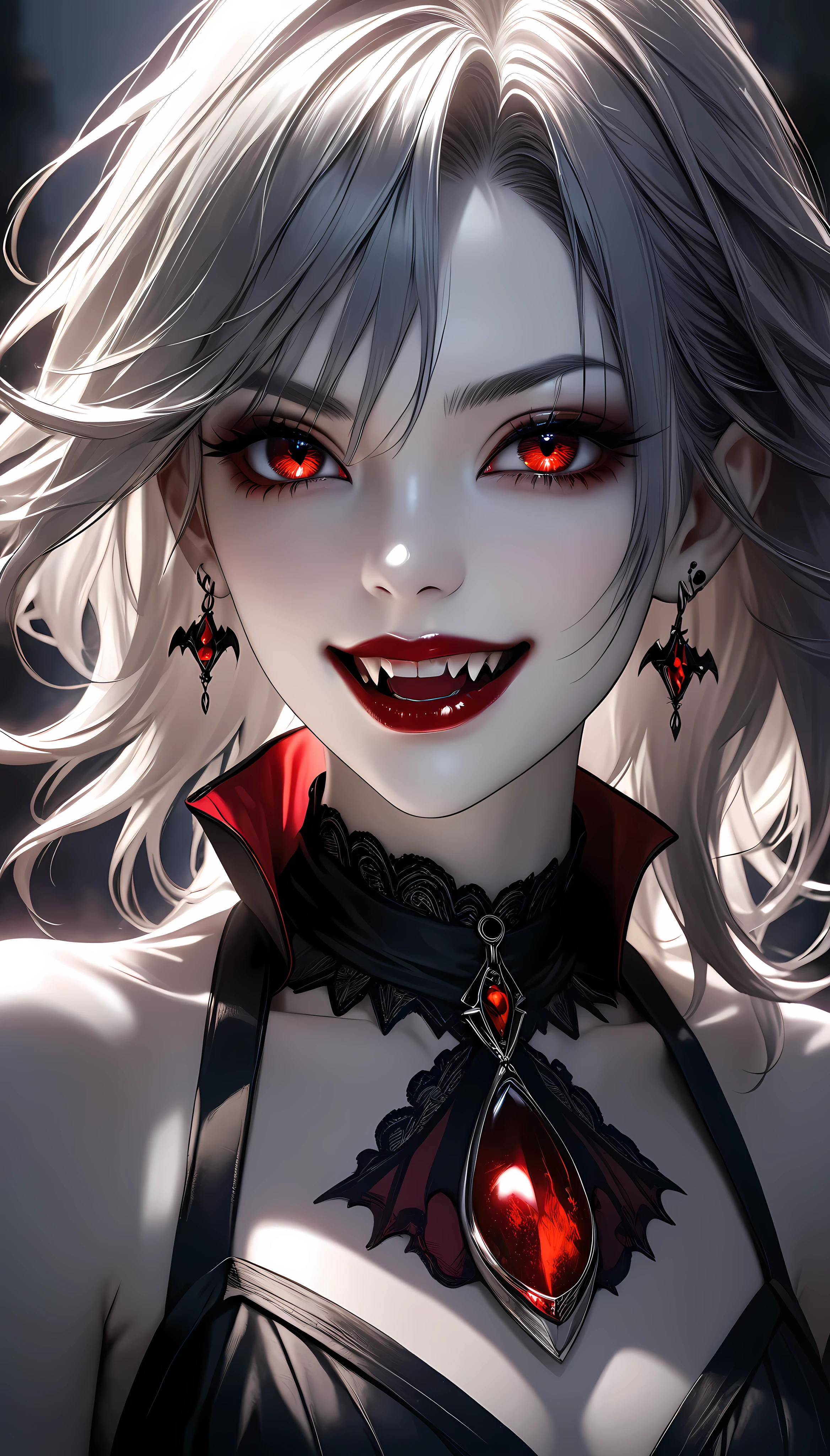 a beautiful woman with piercing red fangs, long elegant neck, intense eye focus, wearing a dark gothic dress, pale skin, dynamic pose, solo character, vampire, chilling sinister smile, blood-red lips, ATLAS character, dramatic lighting, dark moody atmosphere, highly detailed, photorealistic, 8k, masterpiece