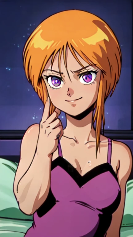 nsfw、solo、masterpiece, high quality, Ultra HD, high definition、1 girl,Ple Two、1990s Style、 short stature 、short hair, orange hair,bangs,short hair with long locks, side lock, hair between eyes ,Light purple pale eyes、 is short、colorful satin lingerie、 looking over here、Smirking eyes、Slanted Eyes、True Face、Ultra Close-Up、 on the bed、 normal breasts、 slender,、Handjob、 fellatio、 erect penis、 has a dildo in his hand、looking at viewer、 neon colored lights to open lips vertically、 seductive pose 、 Sexy Poses、dark,dark room,Chiaroscuro、smile