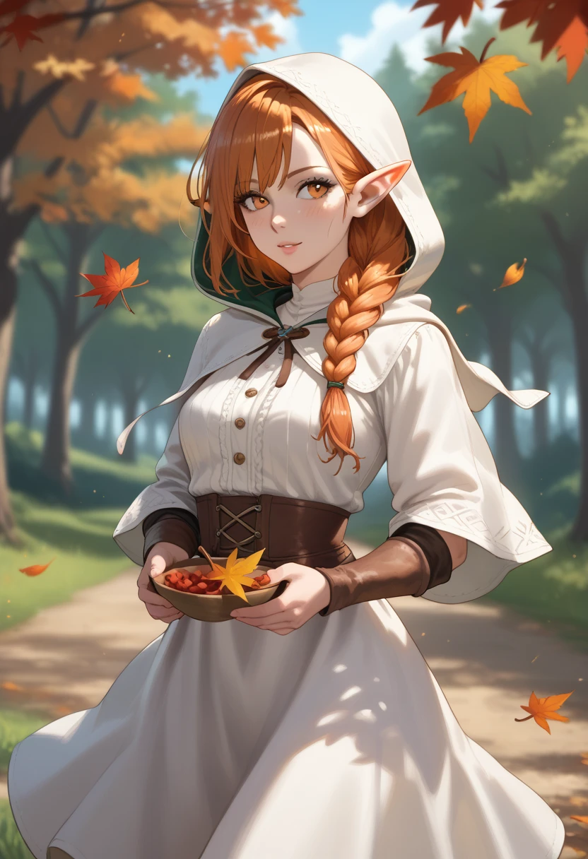 upperbody shot, 1girl, elf, orange eyes, one side braided hair, ginger hair, holding a red leaf, white dress with hood, intricate details, (murmuring leaves), (wind:1.2), (medieval fantasy), autumn forest background, (depth of field), bokeh, diffused light, dramatic ambient