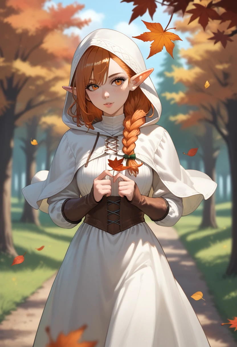 upperbody shot, 1girl, elf, orange eyes, one side braided hair, ginger hair, holding a red leaf, white dress with hood, intricate details, (murmuring leaves), (wind:1.2), (medieval fantasy), autumn forest background, (depth of field), bokeh, diffused light, dramatic ambient