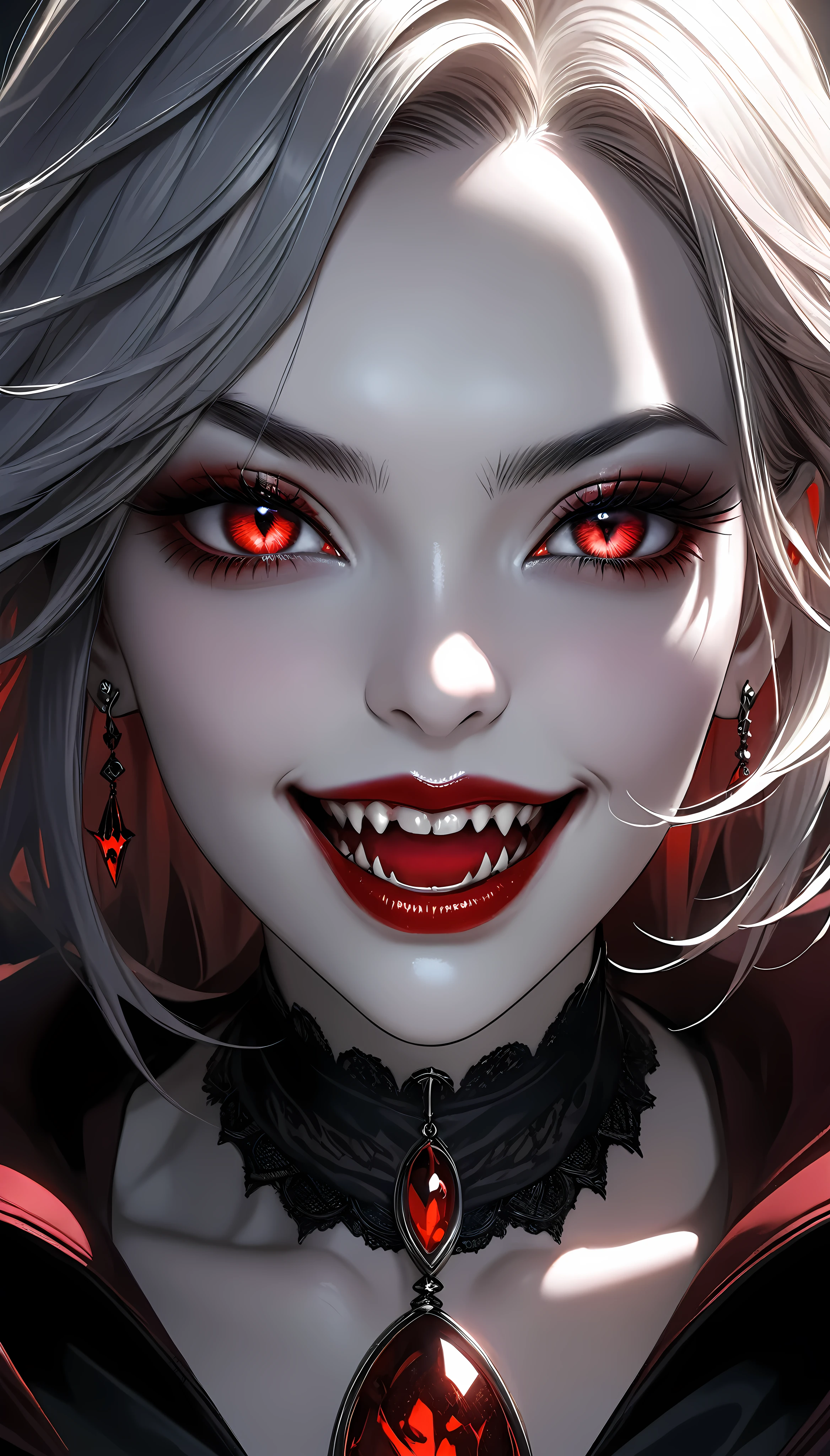 a beautiful woman with piercing red fangs, long elegant neck, intense eye focus, wearing a dark gothic dress, pale skin, dynamic pose, solo character, whole body, vampire, chilling sinister smile, blood-red lips, ATLAS character, dramatic lighting, dark moody atmosphere, highly detailed, photorealistic, 8k, masterpiece