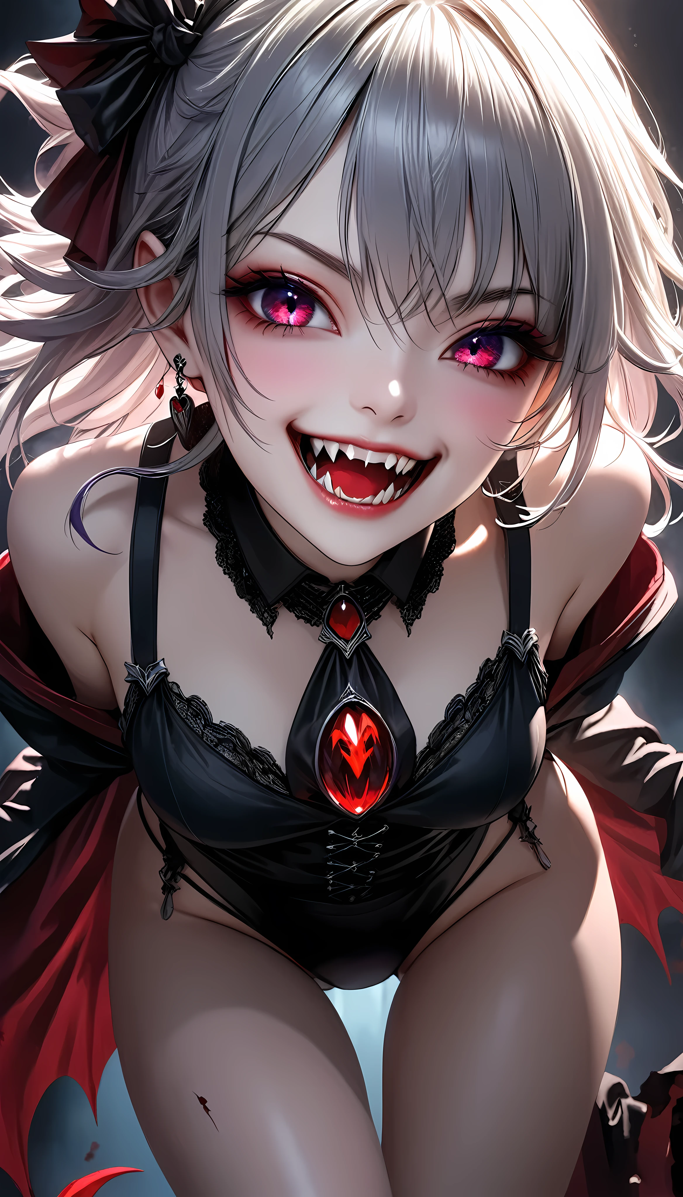 1girl, vampire, ATLAS character, extreme close-up, dynamic pose, piercing red fangs, chilling sinister smile, eye focus, old blood-stained black nightgown, unnaturally pale and alluring legs, best quality, 8k, highres, masterpiece, ultra-detailed, realistic, photo-realistic, vivid colors, dramatic studio lighting, dark fantasy, gothic horror, moody atmosphere