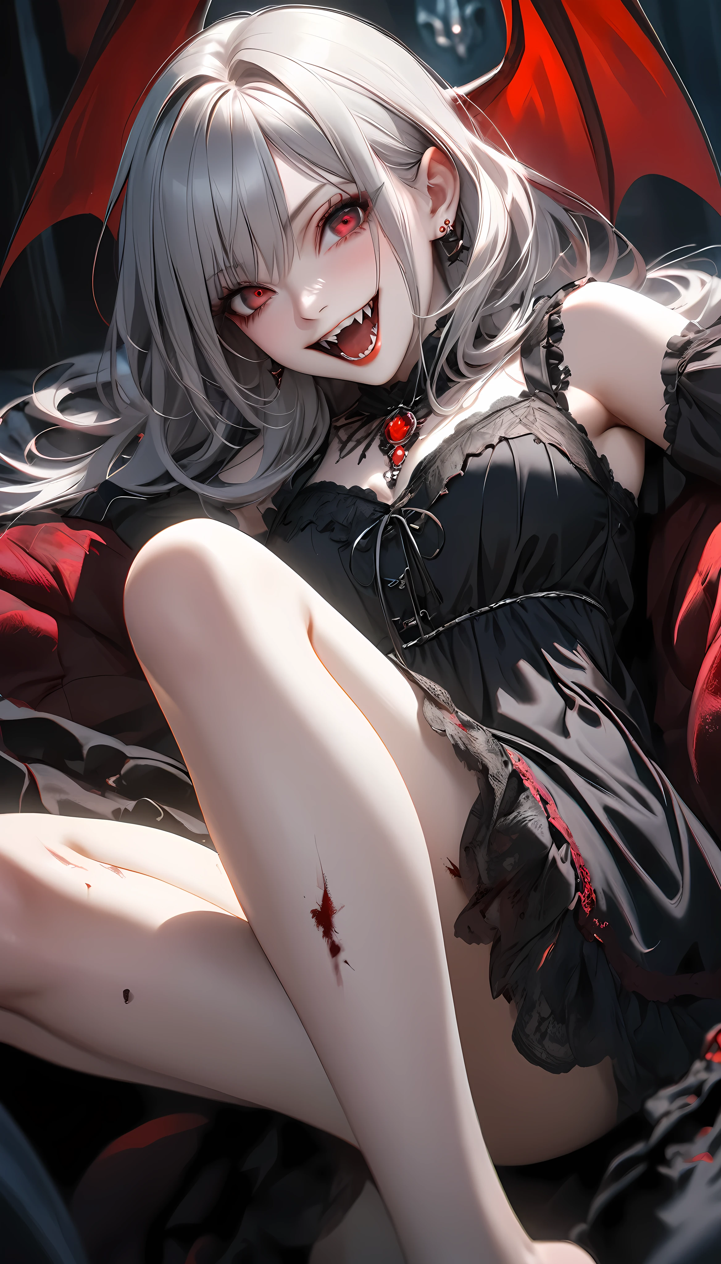 1girl, vampire, ATLAS character, extreme close-up, dynamic pose, piercing red fangs, chilling sinister smile, eye focus, old blood-stained black nightgown, unnaturally pale and alluring legs, best quality, 8k, highres, masterpiece, ultra-detailed, realistic, photo-realistic, vivid colors, dramatic studio lighting, dark fantasy, gothic horror, moody atmosphere